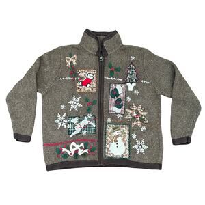 Vintage Wool Blend Brown Patchwork Embroidered Christmas Cardigan Sweater  XL